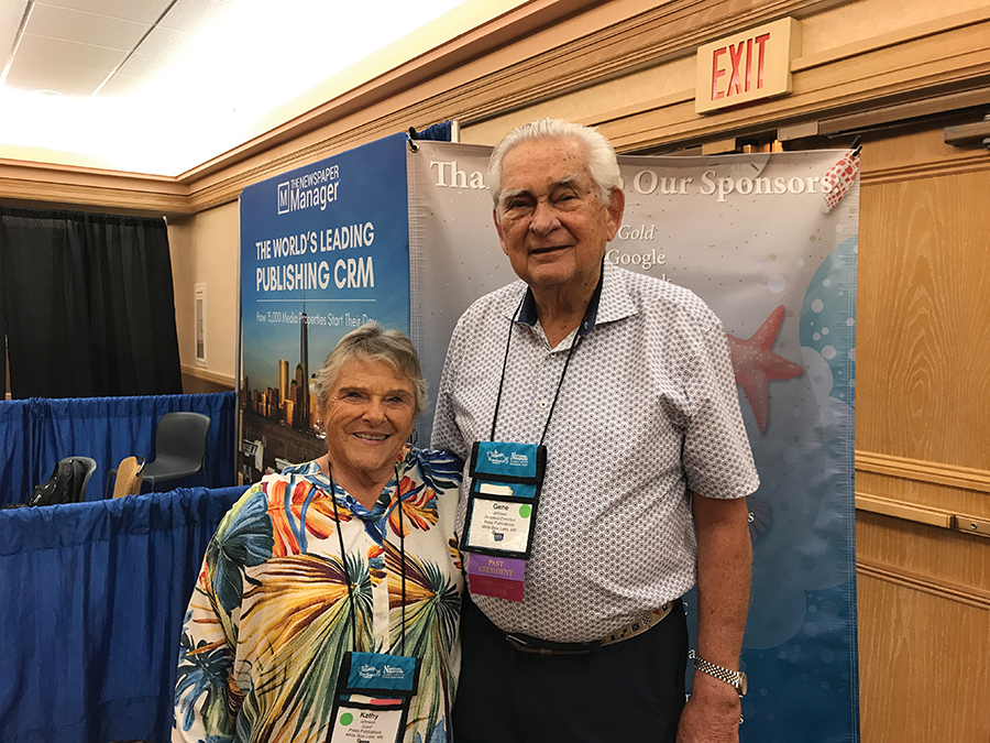 Kathy and Gene Johnson of Press Publications, White Bear Lake, Minnesota, discuss the conventions over the years. The Johnsons have been coming to the annual convention for 36 years. Gene offered advice for anyone looking to hire. In advertising the position, list positives: 'Window desk; you don't have to wash dishes. Fun attracts,' he said. Run testimonials from current employees and offer a $250-$300 stipend if an employee stays six months.