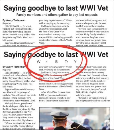 Top is how the subhead should look when printed on the page. At the bottom, CID issues resulted in random letters printing instead of the subhead. Top is how the subhead should look when printed on the page. At the bottom, CID issues resulted in random letters printing instead of the subhead.