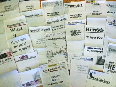 More than 220 of the state’s newspapers participated in a program of printing blank front pages during the week of Aug. 13-18, in conjunction with the Minnesota Newspaper Association’s 150 anniversary. More than 220 of the state’s newspapers participated in a program of printing blank front pages during the week of Aug. 13-18, in conjunction with the Minnesota Newspaper Association’s 150 anniversary.