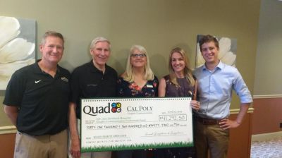 From left to right: David Cohune, assistant dean for advancement for Cal Poly’s College of Liberal Arts; Raymond Harman, Cal Poly Graphic Communication Advisory Board member; graphic communication Associate Professor Colleen Twomey; Jeana Steinbach, Eric Steinbach’s wife; and Nic Steinbach, Eric Steinbach’s son, accept the donation to the Graphic Communication Department.