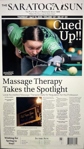 The April 10, 2025, front page of The Saratoga (Wyoming) Sun