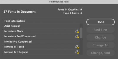 Finding the scary-looking “a” with a yield symbol
in the InDesign “Find/Replace Font” window
means you have fonts that need to be replaced
before January. Otherwise, someone is going to
have some late nights.