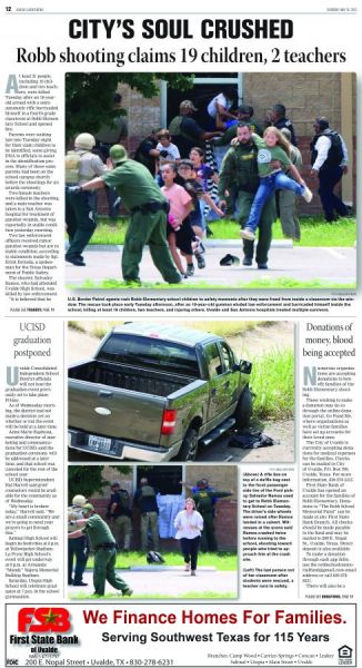 The Leader-News of Uvalde published a blacked-out front page on the Thursday following the shooting. The back cover is also pictured. The Leader-News of Uvalde published a blacked-out front page on the Thursday following the shooting. The back cover is also pictured.